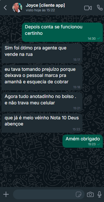 Conversa de cliente elogiando o app para vender na rua