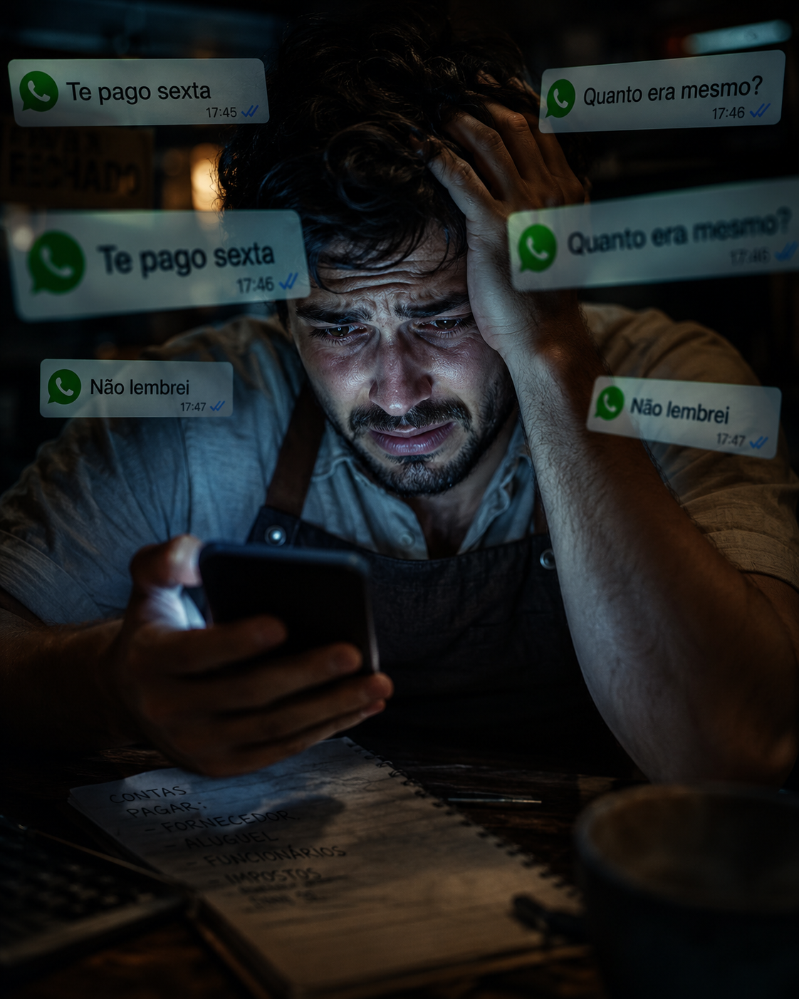 Autônomo preocupado olhando mensagens de clientes que prometeram pagar