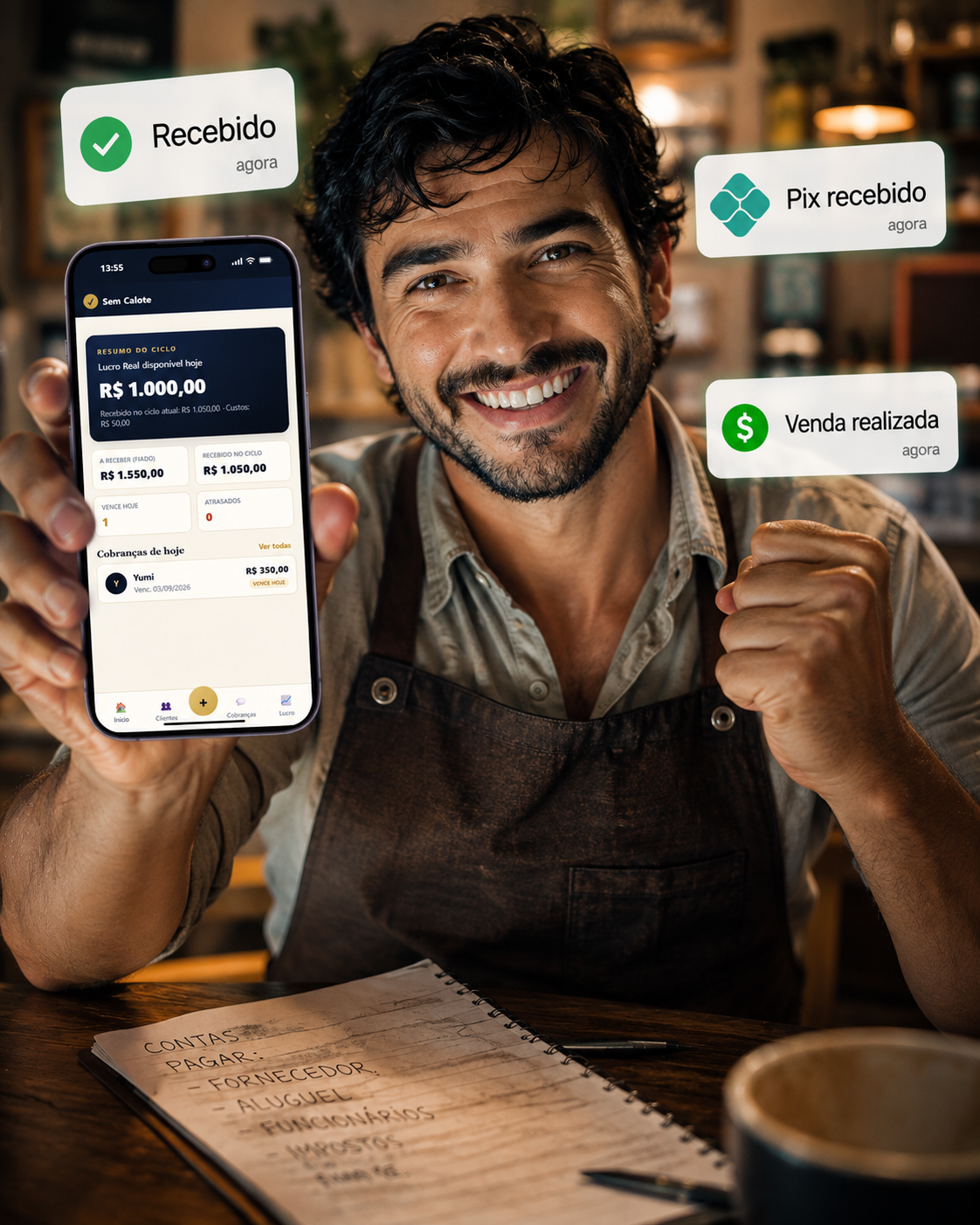 Profissional comemorando organização financeira e recebimentos no celular
